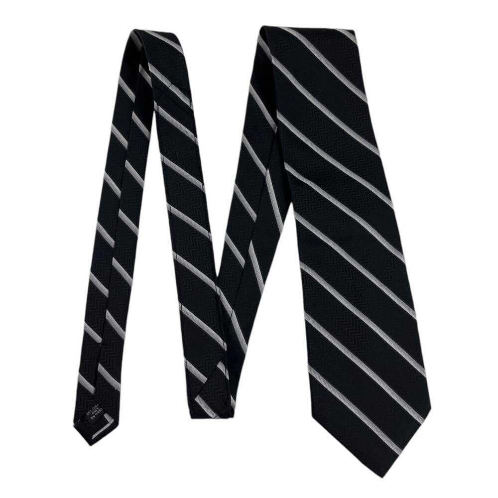 Pronto Uomo Men's 100% Silk Repp Necktie Tie Stripes Black and Silver Preppy